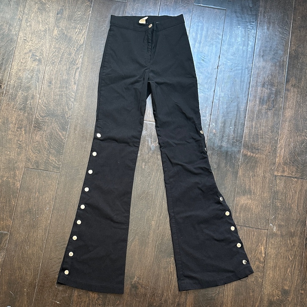 Black Flared Pants with Button Accents
